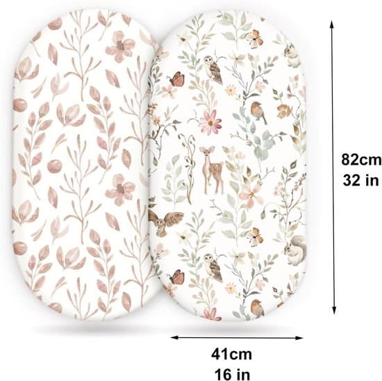2-pack lakan för liggkorgar, barnvagnar och spjälsängar, 82 x 41 cm; ovala, timglasformade och rektangulära.