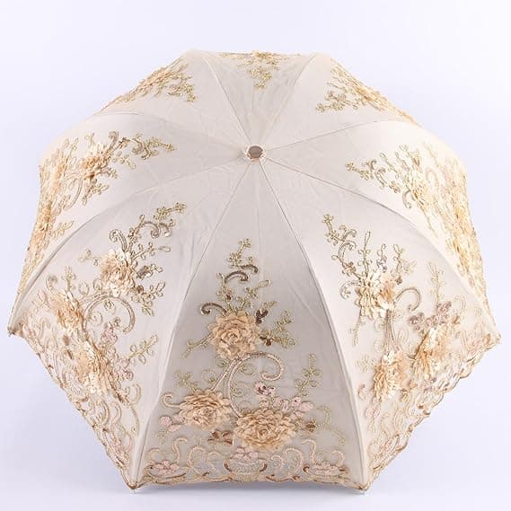 Vintage Spets UV Solparasoll Vikbart 3D Blomsterbroderi Paraply