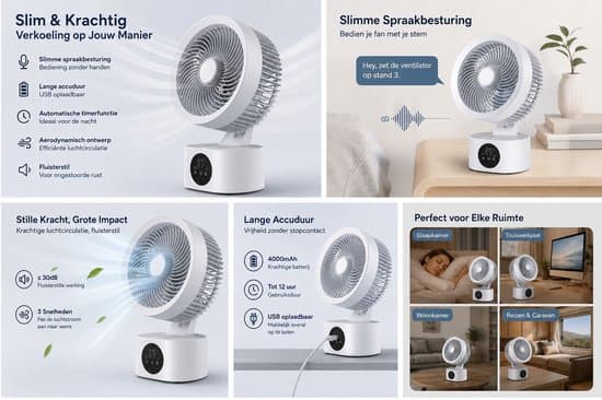 Uppladdningsbar bordsfläkt med röststyrning - Tyst luftcirkulator med timer - Skrivbordsfläkt med lång batteritid - Smart USB-fläkt för sovrum och kontor
