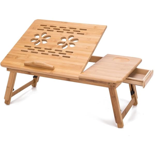Bord för säng, datorbord, sängbord, multifunktionellt hopfällbart laptopbord i bambu