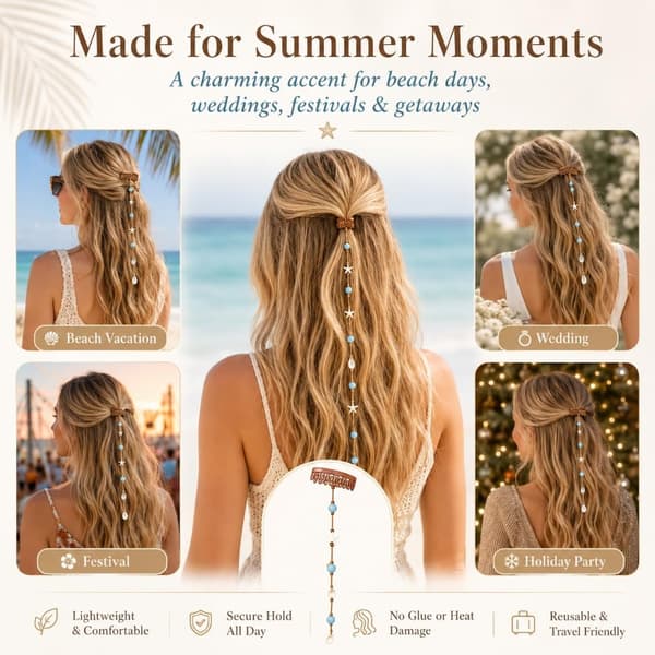 Boho Beachy Mermaid Hair Accent naisille, merenneito-hiuskoriste, meritähti-simpukkahelmi-klipsi, kerrostettu hiusasuste, valtameri-aiheinen