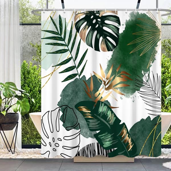 Boho Blad Bruseforhæng 48 × 72\" Grøn & Guld Tropisk Bladdesign Polyester Badeværelsesforhæng til Moderne Boligindretning