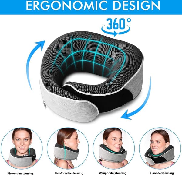 360° Nackresevadder - 100% Memory Foam/Memory Foam Nackkudde - Stödkudde - Flygplan/Bil Kudde + Gratis Kompakt Förvaringsväska - Grå