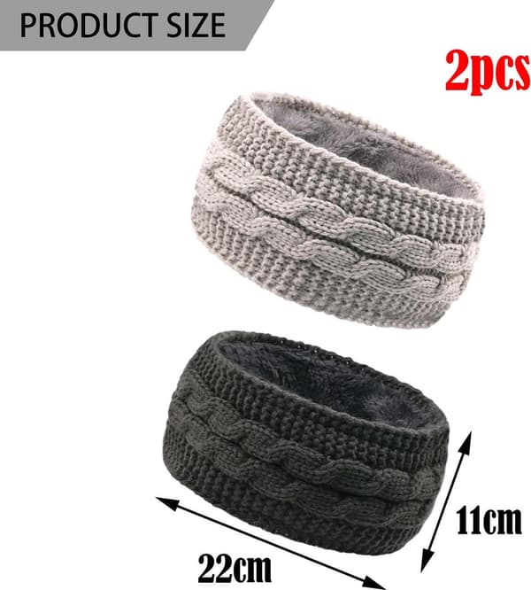 2-pack Vinterstickat Pannband - Termisk Öronvärmare med Sammetfleecefoder för Kvinnor Skidåkning Yoga Gym (Svart+Grå)