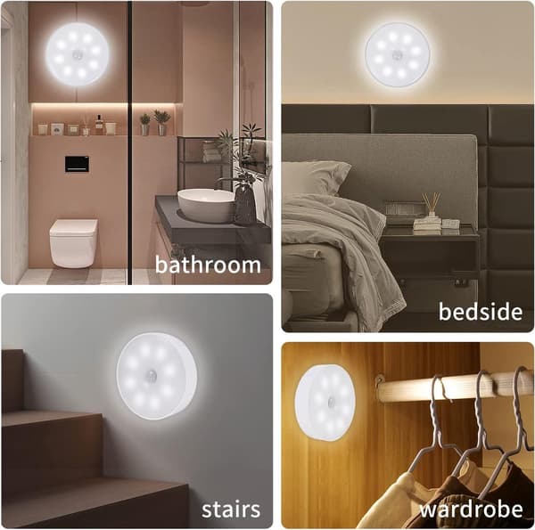 2-pack LED-nattlampor med rörelsesensor lämpliga för sovrum, badrum, toaletter, trappor, kök och hallar.