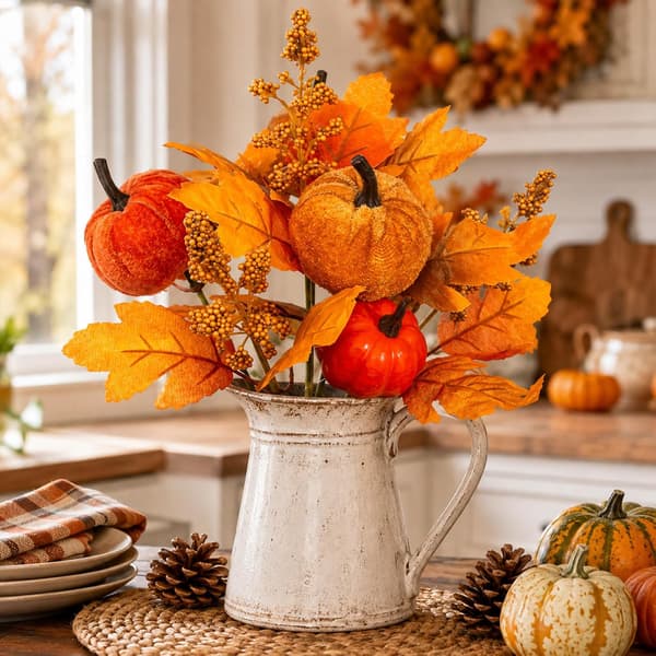 Höstpumpabukettset 2-pack 30 cm Höstblommor med sammet och plastpumpa, lönnlöv, bär för Thanksgiving-mittstycken, vaser