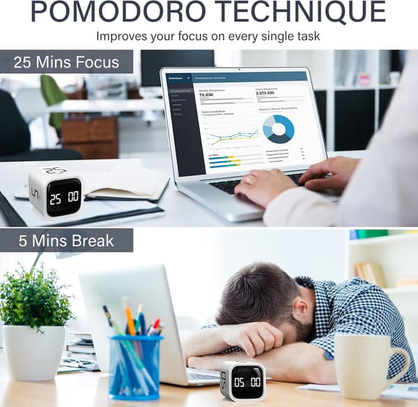 Roterende Pomodoro-timer med 5/10/25/50 min. forudindstillinger, bord-flip nedtællingstimer til arbejde og studie, ADHD-værktøj, vibrations- og lydstyrketilstande, hvid