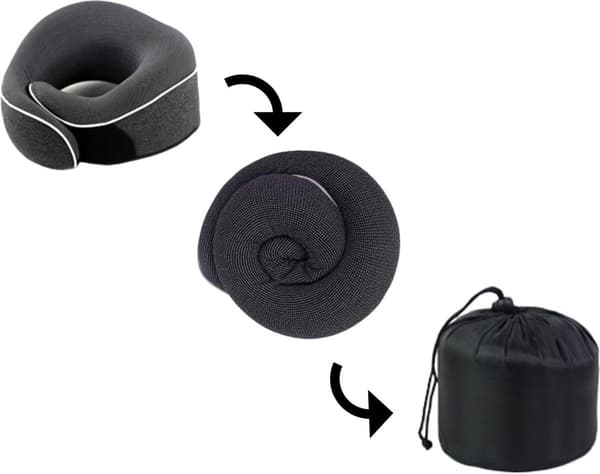 360° Nackresevadder - 100% Memory Foam/Memory Foam Nackkudde - Stödkudde - Flygplan/Bil Kudde + Gratis Kompakt Förvaringsväska - Grå