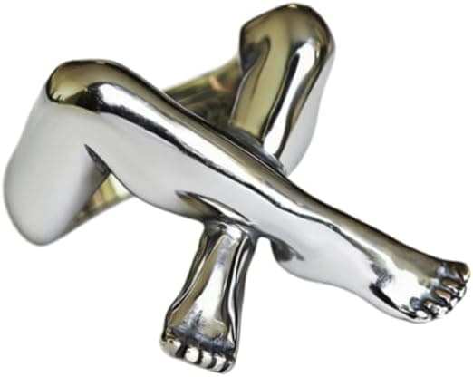 Unik 3D Krydsede Ben Åben Statement Ring, Retro Poleret Sølv & Sort Oxideret Justerbar Ring, Kantet Kunstnerisk Kropssmykke