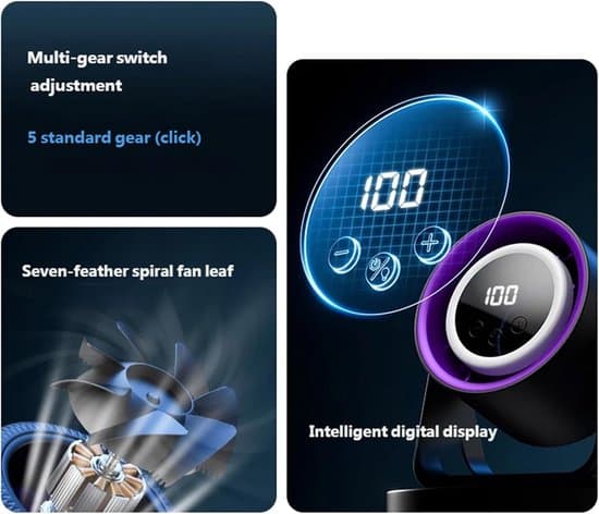 Bordsfläkt – Tyst bärbar USB-fläkt – Med LED-belysning – Digital display – Liten bordsfläkt – Vit