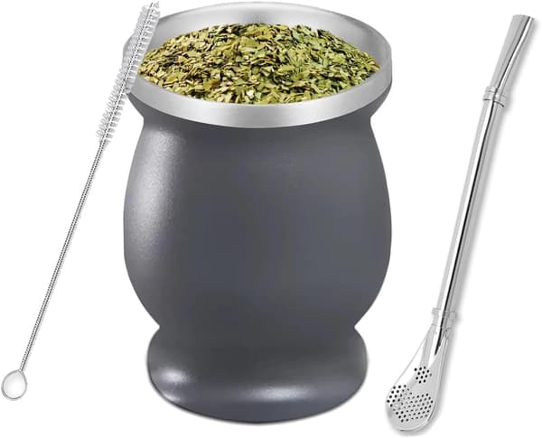 Matekopp, matt tekoppsett, rustfri stålmugge, med sugerør i rustfritt stål og rengjøringsbørste, for matt te, kaffe (grå)