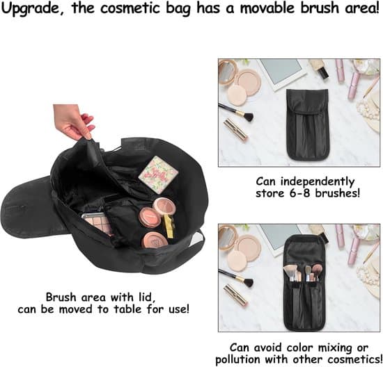 Kvinders makeuptaske med snøre – Rejse-makeup-organizer med børsterum – Sort