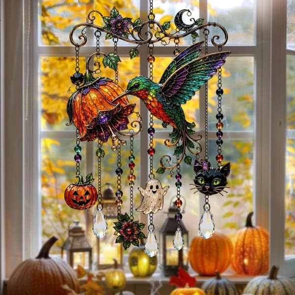 Halloween vindklokker søde 2D kolibri spøgelse akryl solfanger græskar havepynt til baghave, terrasse, træ, balkon og veranda A
