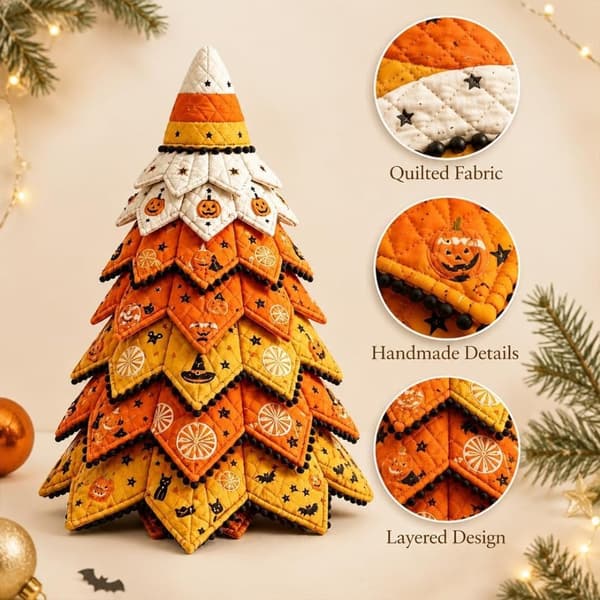 Halloween Patchwork Træ Håndværkssæt DIY Quiltet Træpynt Håndlavet Bordpynt Orange Gul & Hvid