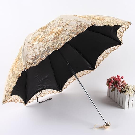 Vintage Blonde UV Solparasol Sammenfoldelig 3D Blomsterbroderi Paraply