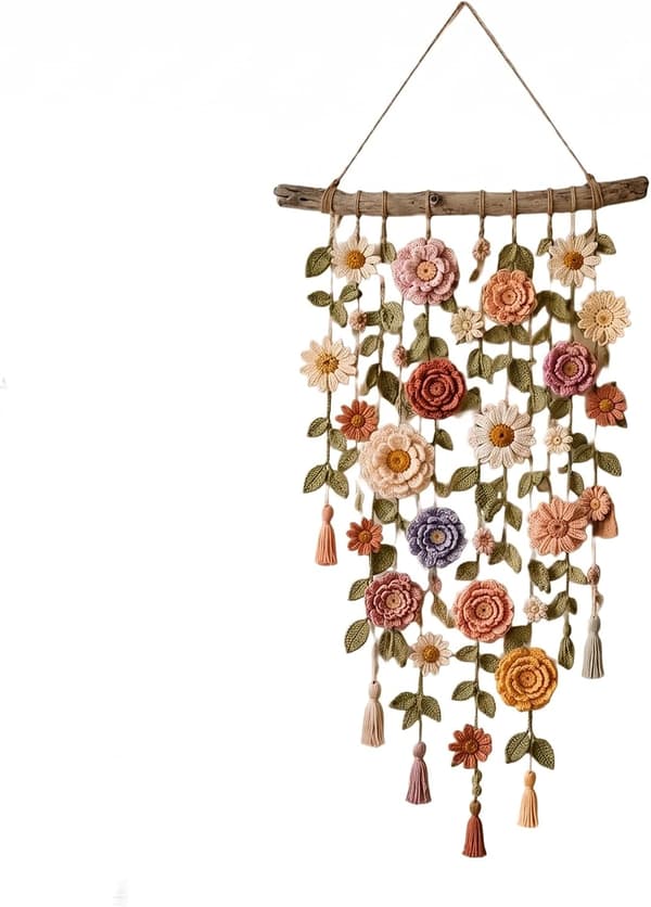 Hæklet Blomst Væghæng, Boho Blomster Børneværelsesindretning med 3D Hæklede Blomster på Rustikt Træ til Soveværelse & Hjem