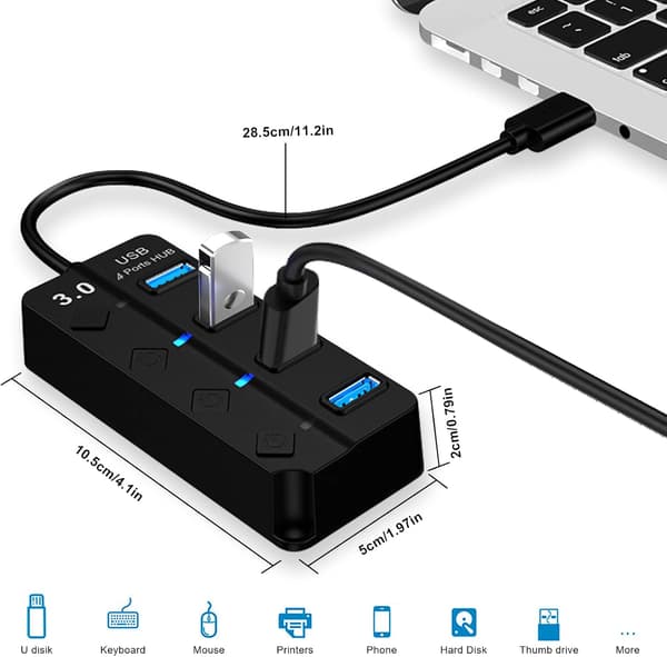 USB 3.0 Hub-adapter med separat bryter og LED-varsellamper, 4 hub-porter med 1 USB 3.0-port og 3 USB 2.0-porter for rask dataoverføring og lading