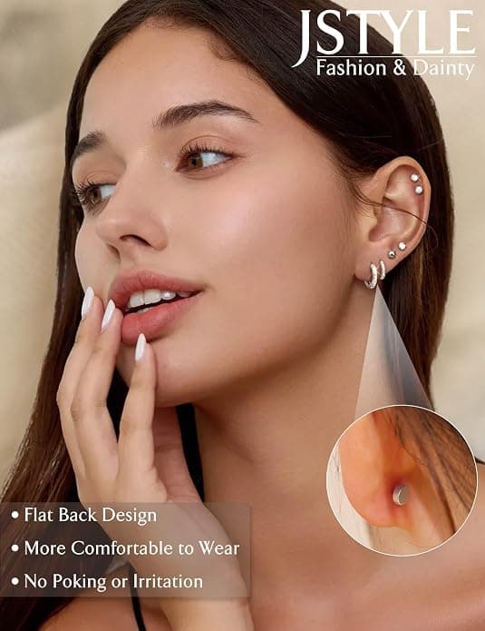 Flade bagside øreringe til kvinder Hypoallergene øreringe studs hoops | 20G bruskøreringe stakke til følsomme ører Små huggie hoops flade bagside studs