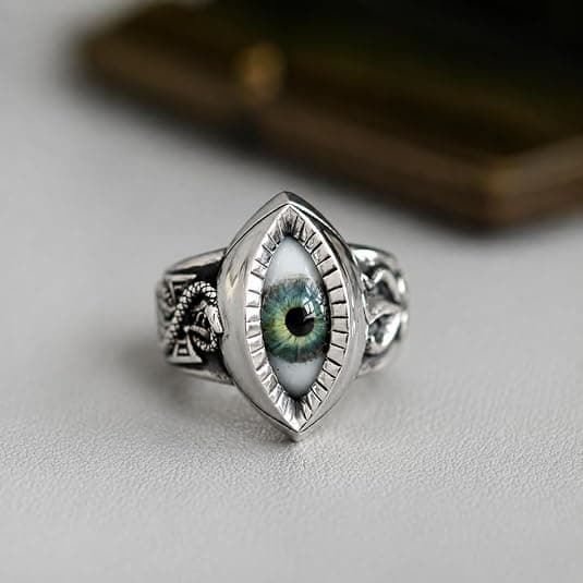 Ondskefullt öga öppen ring silverfärgad Ouroboros orm justerbar statementring för kvinnor gotiska himmelska smycken