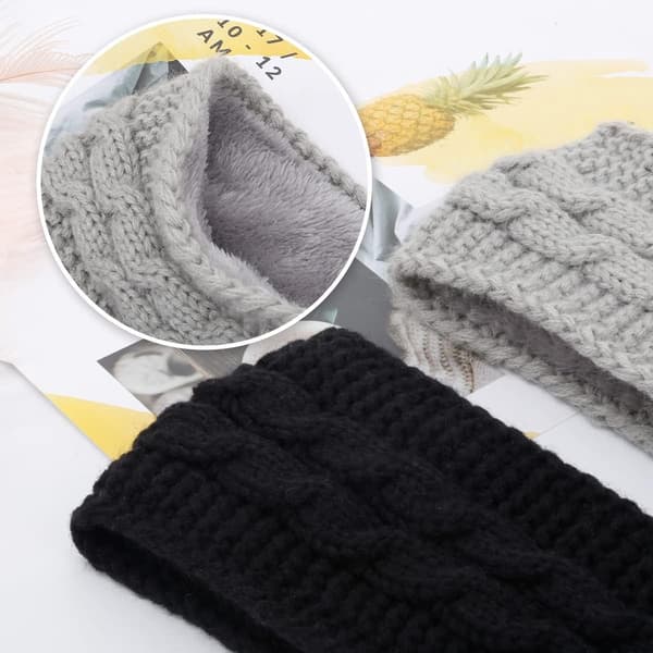 2-pack Vinterstickat Pannband - Termisk Öronvärmare med Sammetfleecefoder för Kvinnor Skidåkning Yoga Gym (Svart+Grå)