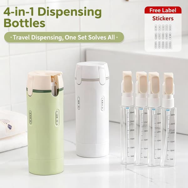 4-i-1 Resedispenserflaskset Påfyllningsbara Läckagesäkra Resetoalettflaskor för Schampo Kroppstvätt Lotion & Balsam 30ml×4 Vit