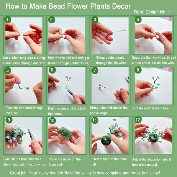 Grønt glasperle-plantesæt, perlehåndværkssæt til at lave perleblomster, bladplanter, vinduesfanger, DIY skrivebordsdekoration med potter, værktøj og video-tutorial