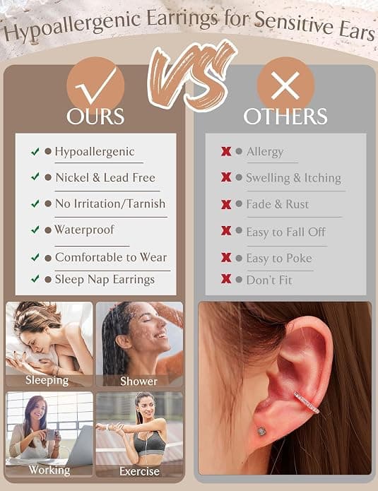 Flade bagside øreringe til kvinder Hypoallergene øreringe studs hoops | 20G bruskøreringe stakke til følsomme ører Små huggie hoops flade bagside studs