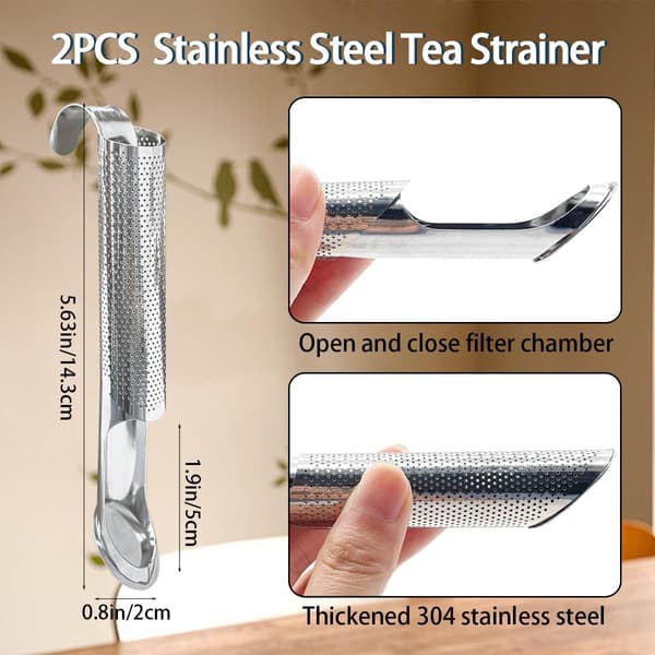 2 STK Tekanne i Rustfritt Stål Teinfuser Te-rør med Hengende Krok Håndtak Fine Hull Teintervall Diffuser for Løs Te Kaffe Urter Krydder