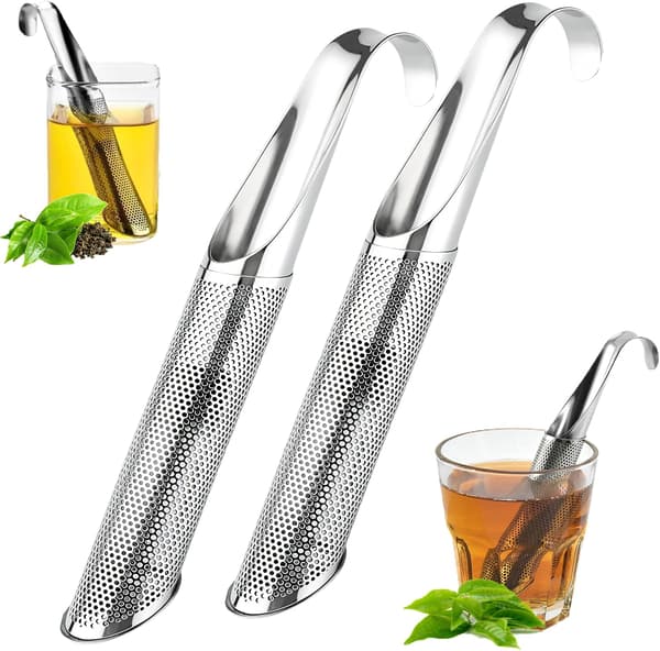 2 STK Tekanne i Rustfritt Stål Teinfuser Te-rør med Hengende Krok Håndtak Fine Hull Teintervall Diffuser for Løs Te Kaffe Urter Krydder