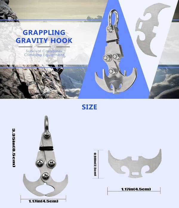Grappling Gravity Hook Overlevelseskarabinkrok Rustfritt Stål Multifunksjonelt Rednings-EDC-verktøy Taktiske Nøkkelringer for Utendørs Klatreutstyr