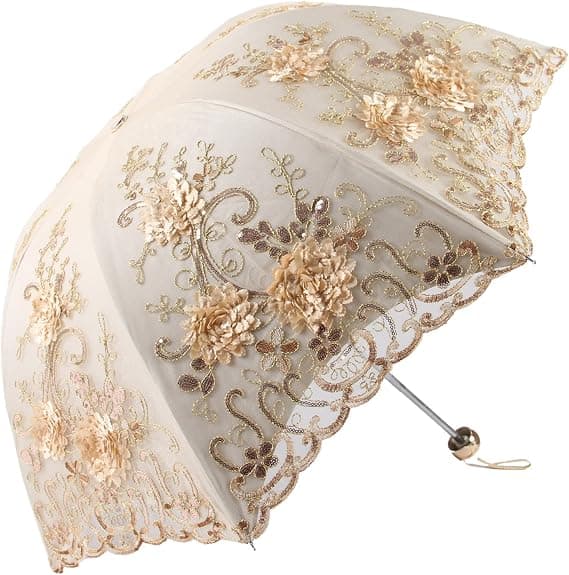 Vintage Blonde UV Solparasol Sammenfoldelig 3D Blomsterbroderi Paraply