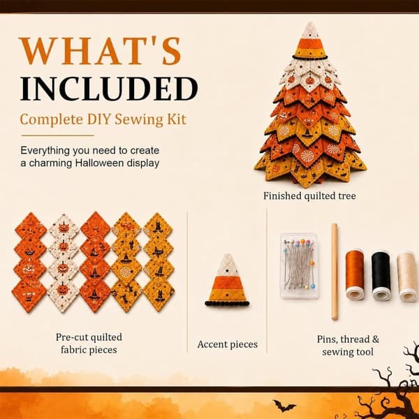 Halloween Patchwork Træ Håndværkssæt DIY Quiltet Træpynt Håndlavet Bordpynt Orange Gul & Hvid