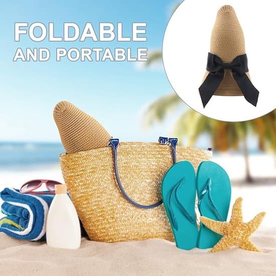 Solhat - Damesolhat - Solhat med sløjfe til damer - Bred skygge - Sammenfoldelig strandhat til sommer - Stråhat med bred skygge og sløjfe - Khaki