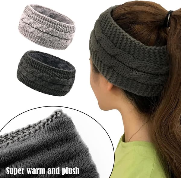 2-pack Vinterstickat Pannband - Termisk Öronvärmare med Sammetfleecefoder för Kvinnor Skidåkning Yoga Gym (Svart+Grå)