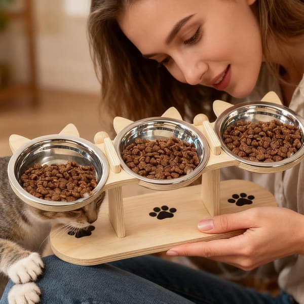 Upphöjd kattskål i trästativ Vattenmatare