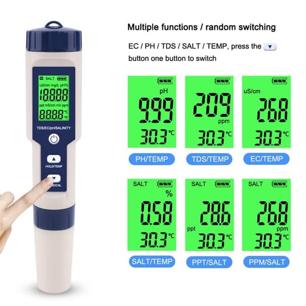 Pool Salt Tester & PH Meter Hofun Digital Salinity Meter og PH Tester 5 i 1 Salinitet PH Temp EC og TDS Meter Akvarium Swimmingpool Spabad