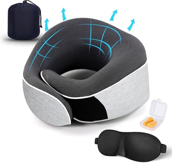 360° Nackresevadder - 100% Memory Foam/Memory Foam Nackkudde - Stödkudde - Flygplan/Bil Kudde + Gratis Kompakt Förvaringsväska - Grå