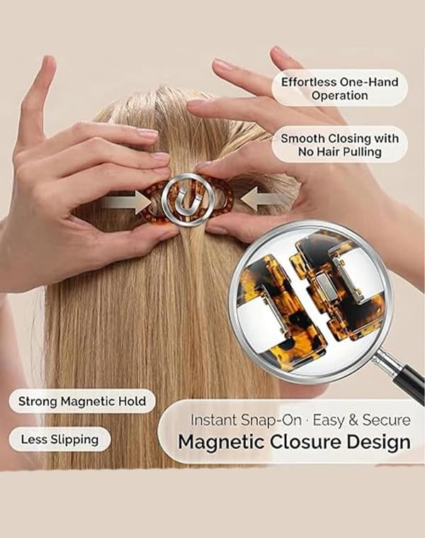 Set med 2 magnetiska hårklämmor – Halkfria magnetiska hårklämmor – Sömlös 2-i-1-design för kvinnor – Hårstylingaccessoar (Leopard & Blå)