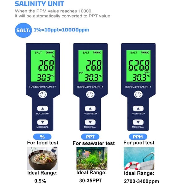 Pool Salt Tester & PH Meter Hofun Digital Salinity Meter og PH Tester 5 i 1 Salinitet PH Temp EC og TDS Meter Akvarium Swimmingpool Spabad