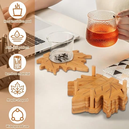 Bambus Coasters – Coasters med Holder – Coaster Sæt – Coasters til Glas – Ahornblad Design – 6 Stykker – Varmebestandig – Skridsikker