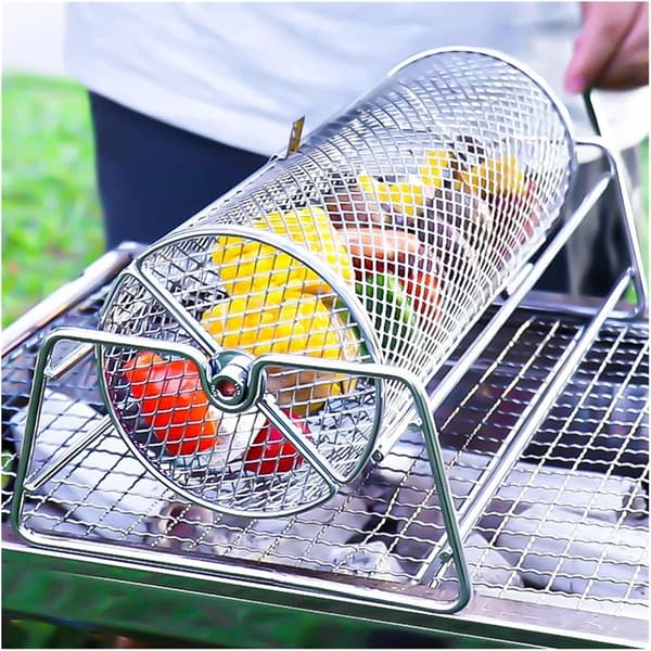 Roterande grillställ i rostfritt stål med bas, tillbehör för utomhusgrillning.