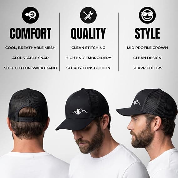 Trucker Hat [Great Outdoors Design] til mænd og kvinder: Mid Profile kasket med åndbar mesh-bagside og justerbar snap
