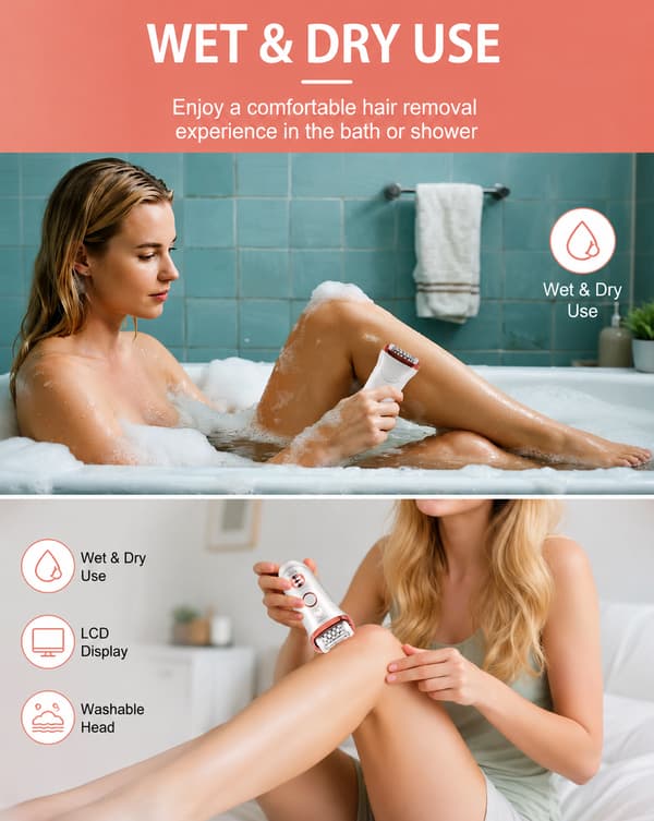 Epilator, Epilator til langvarig hårfjerning, inklusive barberhoved og trimmerhoved, MicroGrip pincette-teknologi, højfrekvent massage