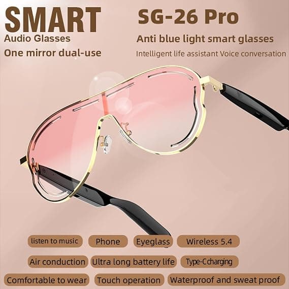 Smarte briller, rosa polariserte solbriller, smarte Bluetooth-briller, UV-beskyttelse og blålysblokkering, stemmestyring, unisex utendørssport