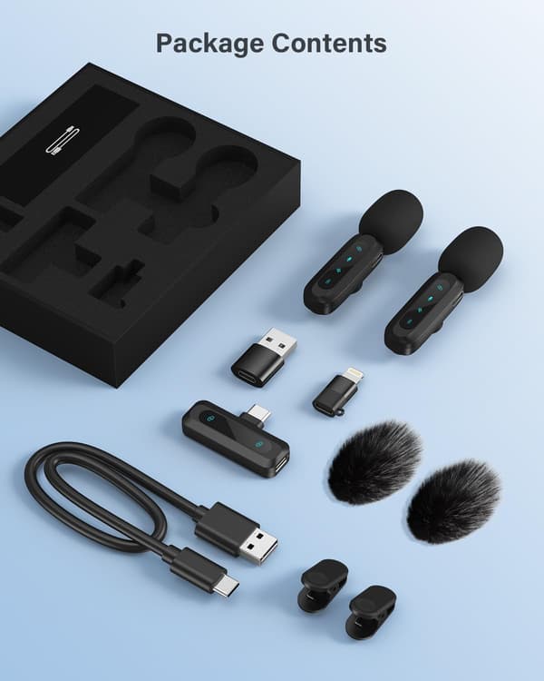 Trådlös myggmikrofon 2-pack, mini-kavajmikrofon med brusreducering, USB-C, Lightning & USB-A-adaptrar för iPhone, Android, iPad & laptop