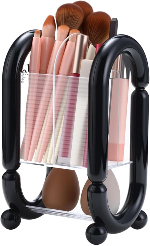 Makeupbørsteholder Kosmetisk Organizer med Flere Rum Plast Bordpladeopbevaring til Makeupbørster Pudderkvaster Eyelinere Lipgloss (Sort)
