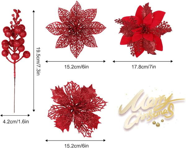 60 STK Røde Julepynt Glitter Julestjerner i 3 Stilarter Kunstige Blomsterdekorationer til Juletræer Kranse og Bryllupper