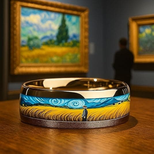 Herre ring i rustfritt stål, Van Gogh Starry Night & Wheat Field kunstdesign, gull moteriktig statement-ring, slitesterk smykkegave til menn