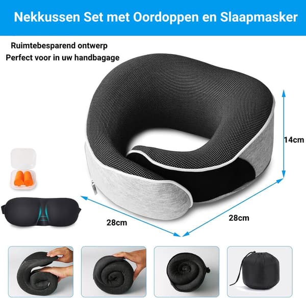 360° Nackresevadder - 100% Memory Foam/Memory Foam Nackkudde - Stödkudde - Flygplan/Bil Kudde + Gratis Kompakt Förvaringsväska - Grå