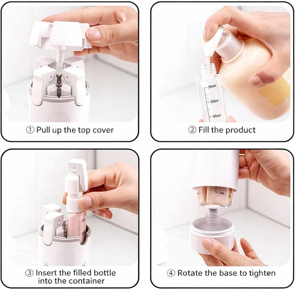 4-i-1 Resedispenserflaskset Påfyllningsbara Läckagesäkra Resetoalettflaskor för Schampo Kroppstvätt Lotion & Balsam 30ml×4 Vit